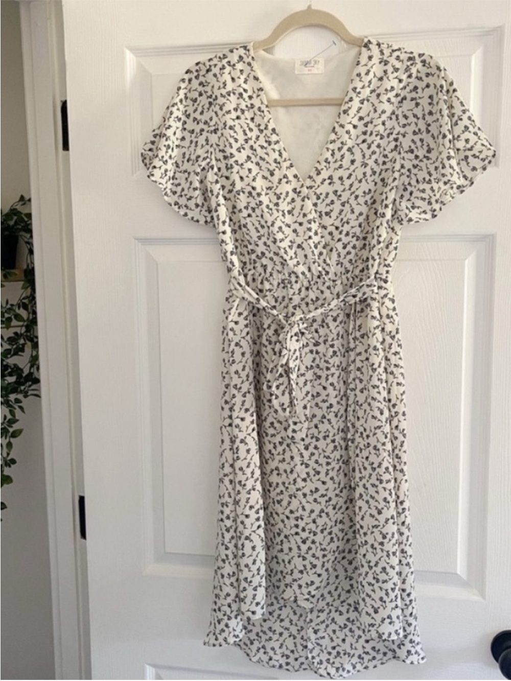 Sienna Sky White Blue Ditsy Floral Flowy Sleeve V-Neck Cottagecore Summer Dress